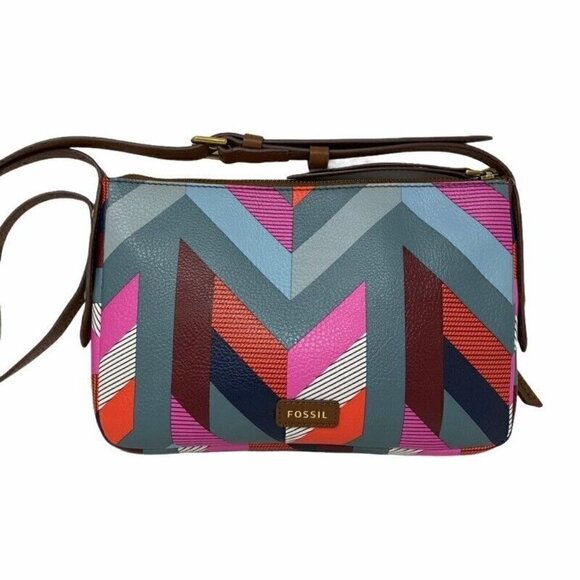 NEW Fossil Womens Gemma Crossbody Bag Multicolor Geometric Zip Adjustable Strap - Picture 1 of 9